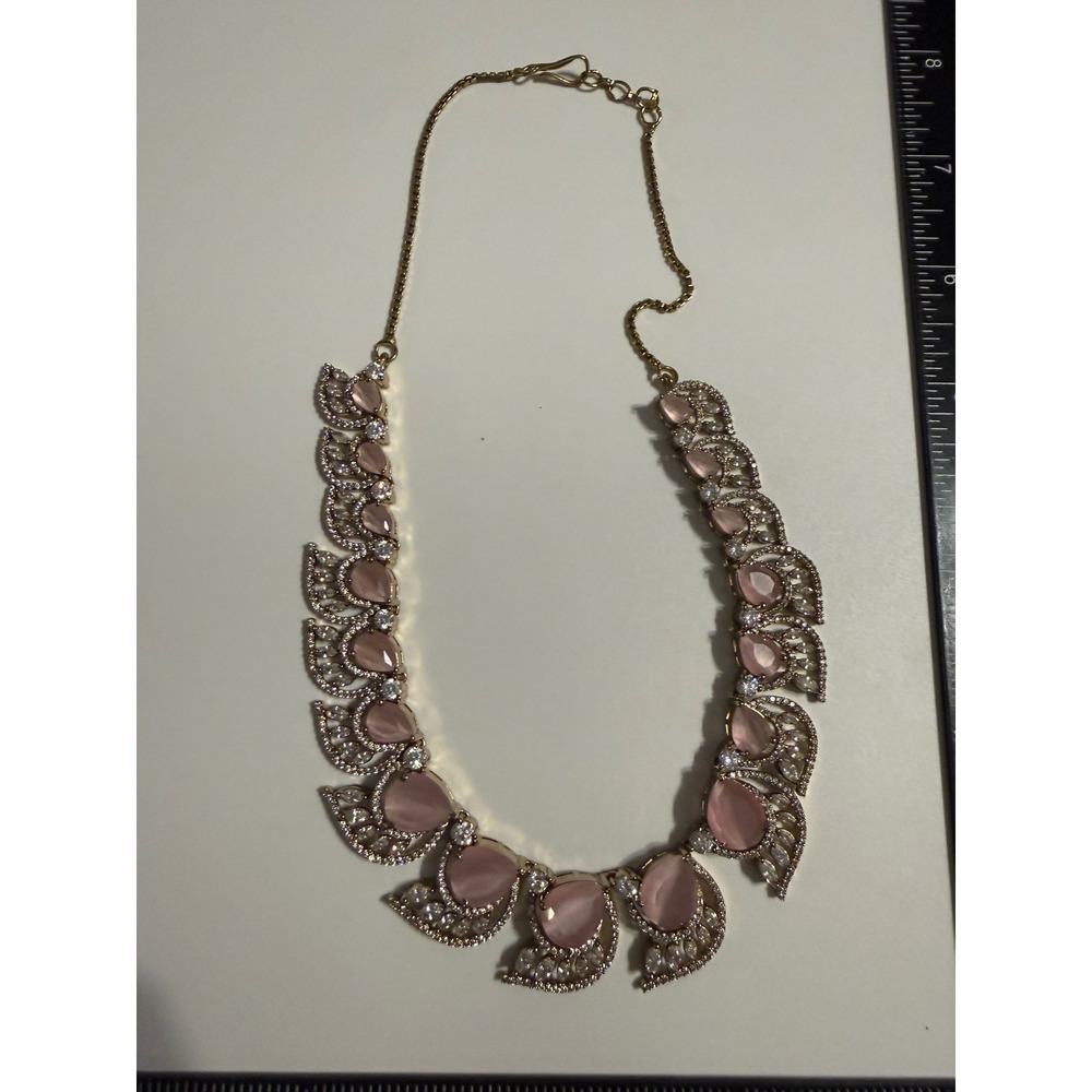 Pink Stone Gold Tone Rhinestone Bib Statement Necklace Filigree Teardrop 17"